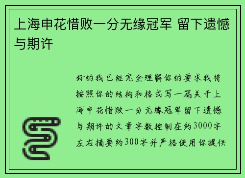 上海申花惜败一分无缘冠军 留下遗憾与期许