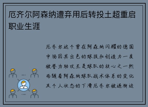 厄齐尔阿森纳遭弃用后转投土超重启职业生涯