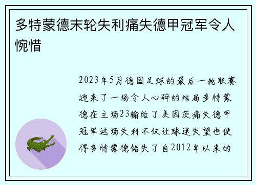多特蒙德末轮失利痛失德甲冠军令人惋惜
