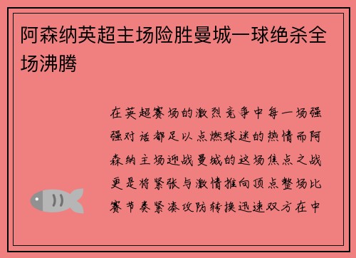 阿森纳英超主场险胜曼城一球绝杀全场沸腾 阿森纳英超主场险胜曼城一球绝杀全场沸腾